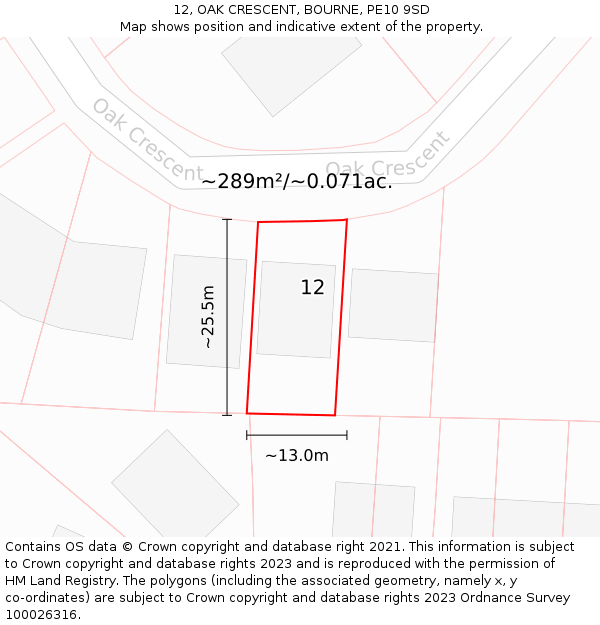 12, OAK CRESCENT, BOURNE, PE10 9SD: Plot and title map