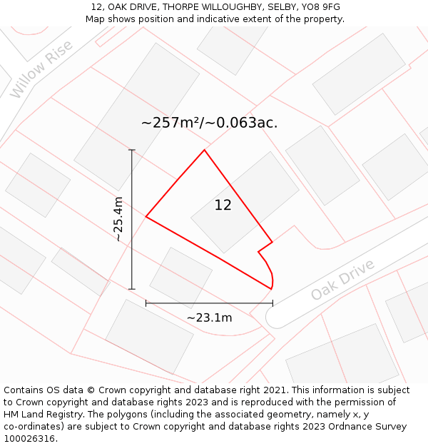 12, OAK DRIVE, THORPE WILLOUGHBY, SELBY, YO8 9FG: Plot and title map