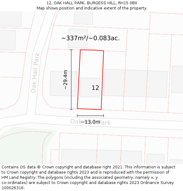 12, OAK HALL PARK, BURGESS HILL, RH15 0BX: Plot and title map