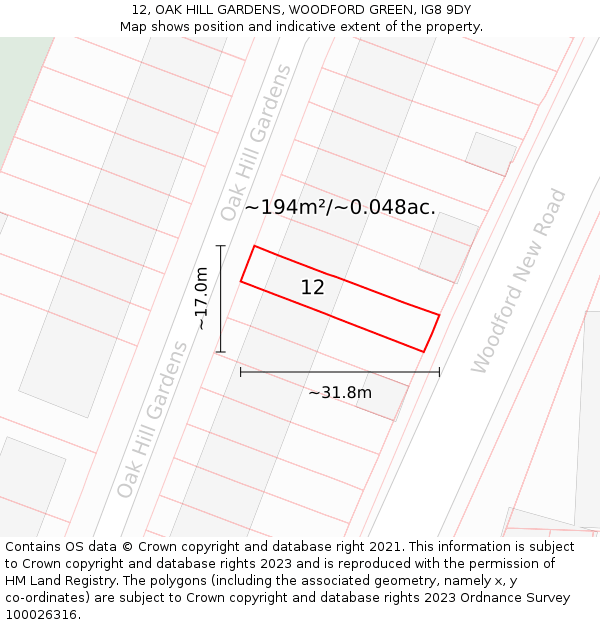 12, OAK HILL GARDENS, WOODFORD GREEN, IG8 9DY: Plot and title map