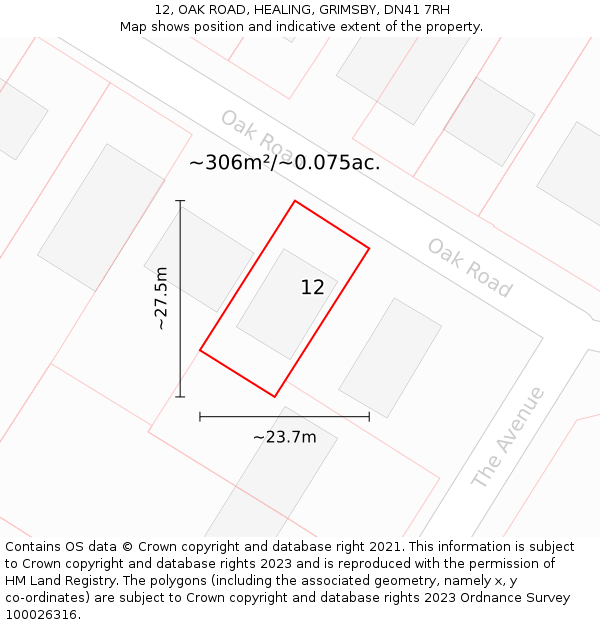 12, OAK ROAD, HEALING, GRIMSBY, DN41 7RH: Plot and title map