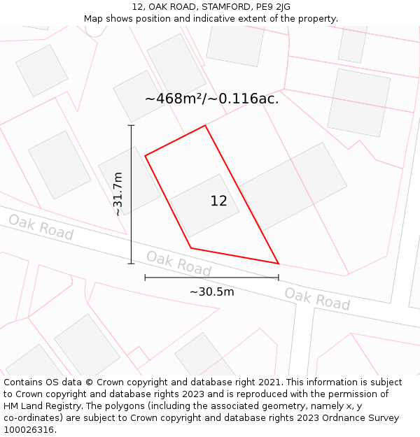 12, OAK ROAD, STAMFORD, PE9 2JG: Plot and title map