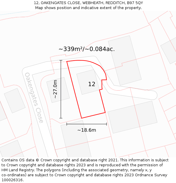 12, OAKENGATES CLOSE, WEBHEATH, REDDITCH, B97 5QY: Plot and title map