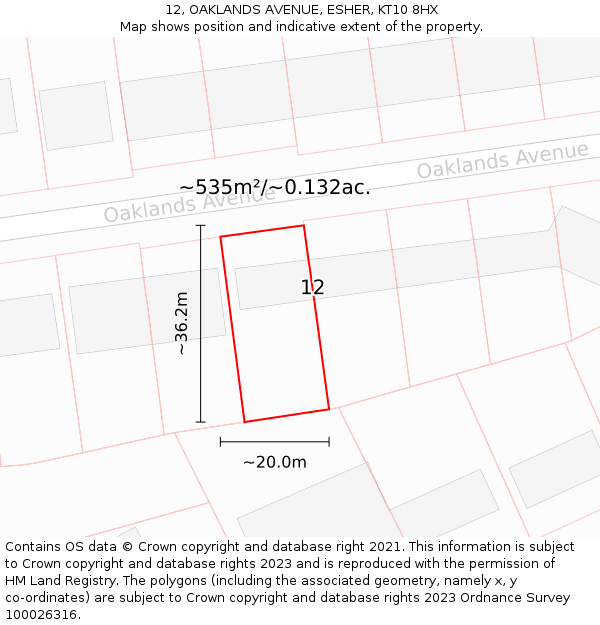 12, OAKLANDS AVENUE, ESHER, KT10 8HX: Plot and title map