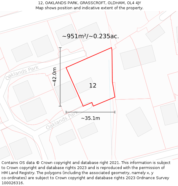 12, OAKLANDS PARK, GRASSCROFT, OLDHAM, OL4 4JY: Plot and title map