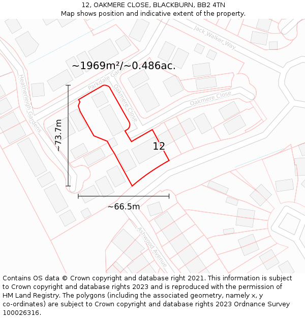 12, OAKMERE CLOSE, BLACKBURN, BB2 4TN: Plot and title map