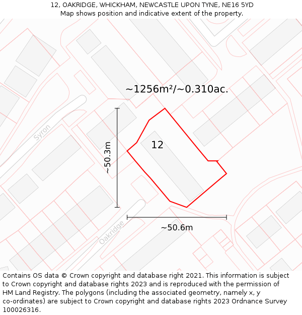 12, OAKRIDGE, WHICKHAM, NEWCASTLE UPON TYNE, NE16 5YD: Plot and title map