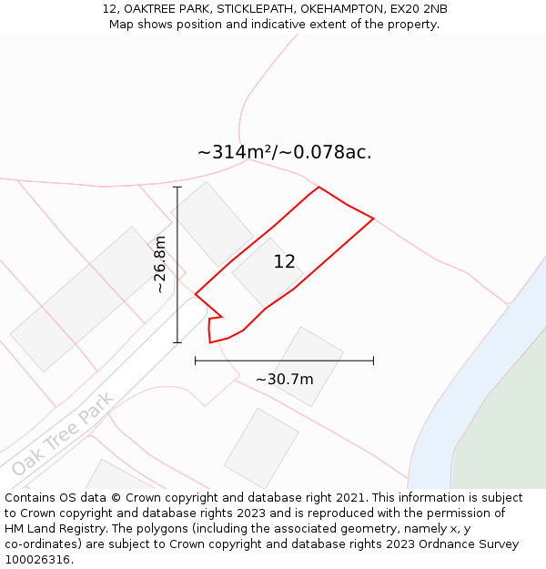 12, OAKTREE PARK, STICKLEPATH, OKEHAMPTON, EX20 2NB: Plot and title map