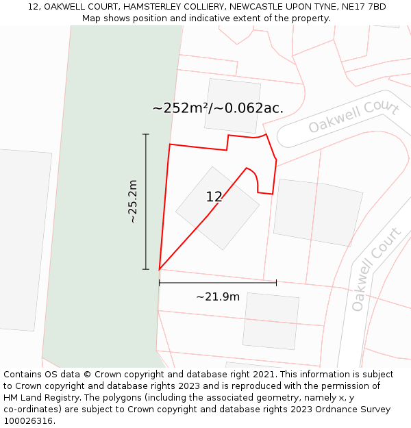 12, OAKWELL COURT, HAMSTERLEY COLLIERY, NEWCASTLE UPON TYNE, NE17 7BD: Plot and title map