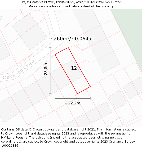 12, OAKWOOD CLOSE, ESSINGTON, WOLVERHAMPTON, WV11 2DQ: Plot and title map