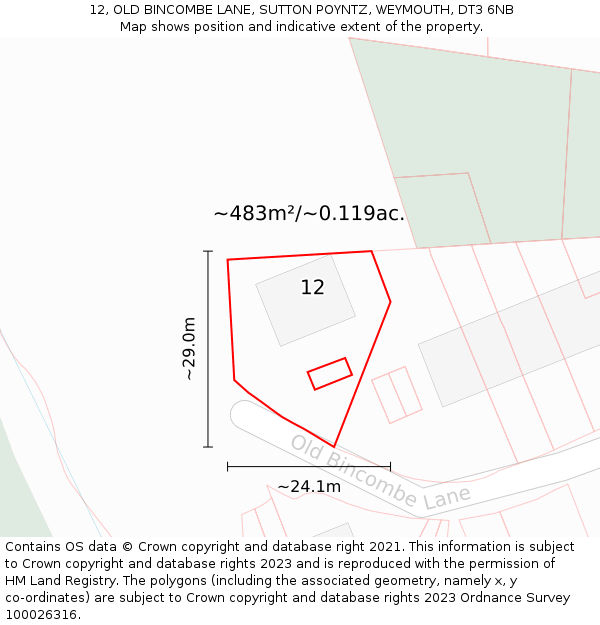 12, OLD BINCOMBE LANE, SUTTON POYNTZ, WEYMOUTH, DT3 6NB: Plot and title map