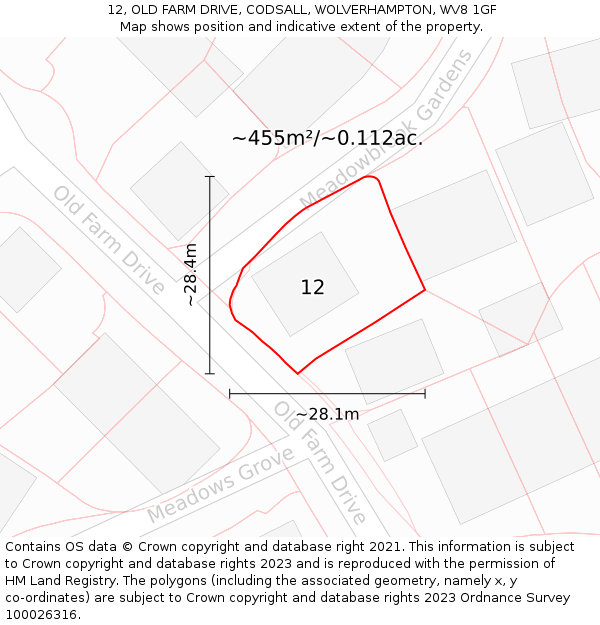 12, OLD FARM DRIVE, CODSALL, WOLVERHAMPTON, WV8 1GF: Plot and title map