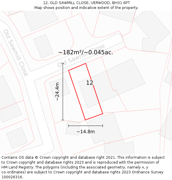 12, OLD SAWMILL CLOSE, VERWOOD, BH31 6PT: Plot and title map