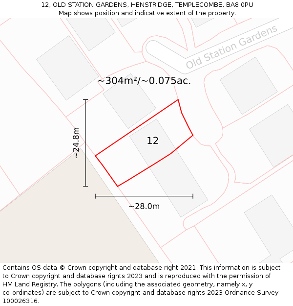 12, OLD STATION GARDENS, HENSTRIDGE, TEMPLECOMBE, BA8 0PU: Plot and title map