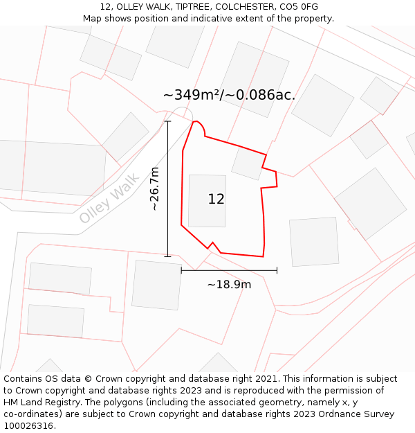 12, OLLEY WALK, TIPTREE, COLCHESTER, CO5 0FG: Plot and title map
