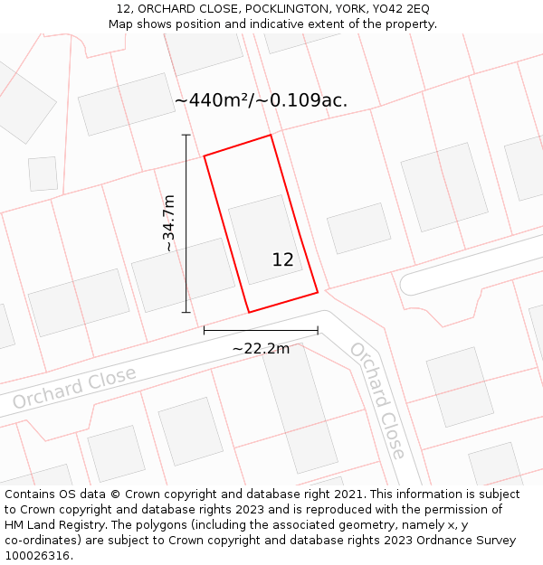 12, ORCHARD CLOSE, POCKLINGTON, YORK, YO42 2EQ: Plot and title map