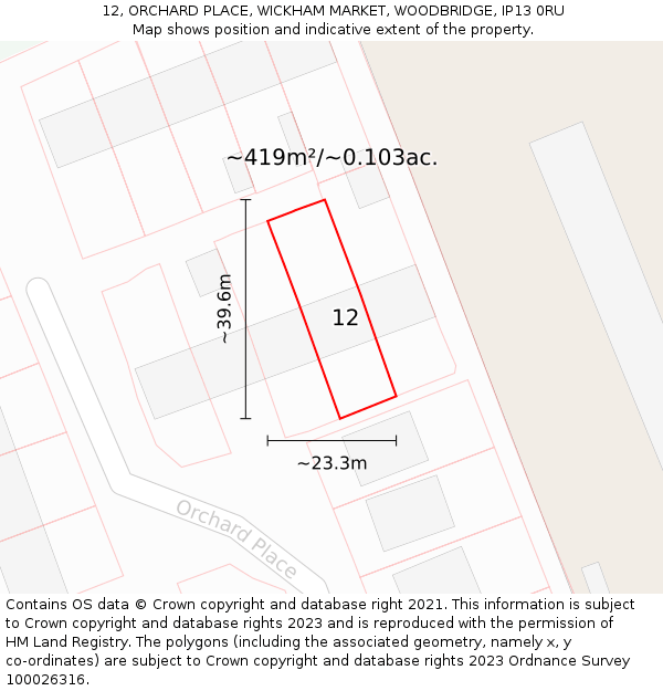 12, ORCHARD PLACE, WICKHAM MARKET, WOODBRIDGE, IP13 0RU: Plot and title map