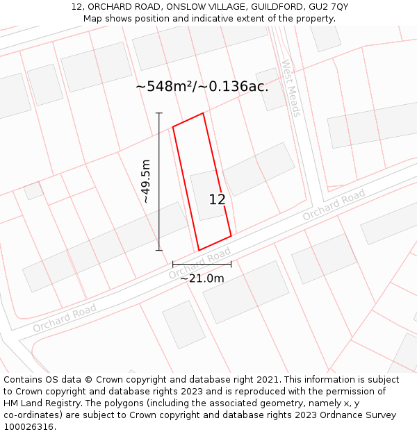 12, ORCHARD ROAD, ONSLOW VILLAGE, GUILDFORD, GU2 7QY: Plot and title map