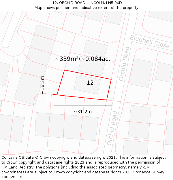 12, ORCHID ROAD, LINCOLN, LN5 9XD: Plot and title map