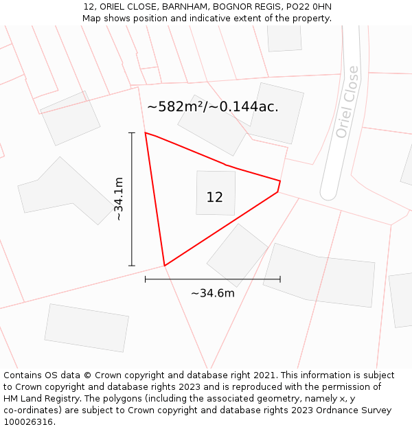 12, ORIEL CLOSE, BARNHAM, BOGNOR REGIS, PO22 0HN: Plot and title map