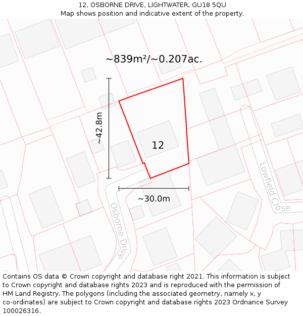 12, OSBORNE DRIVE, LIGHTWATER, GU18 5QU: Plot and title map