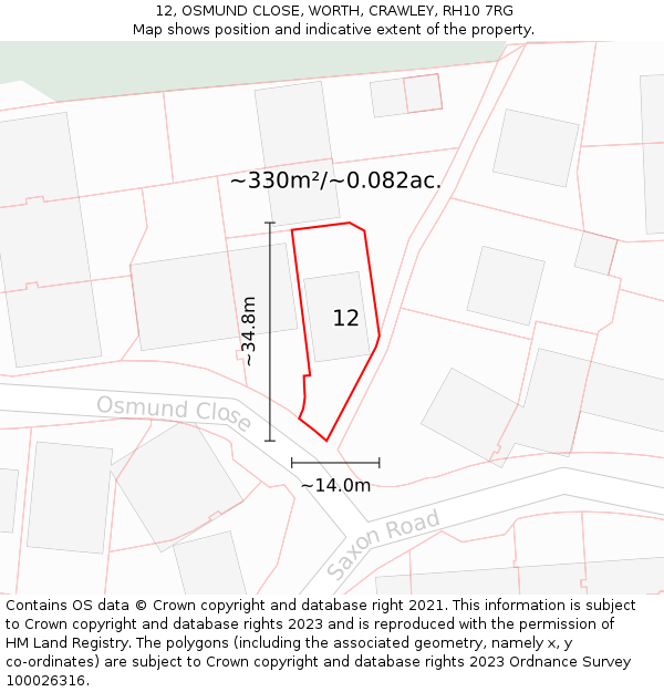 12, OSMUND CLOSE, WORTH, CRAWLEY, RH10 7RG: Plot and title map