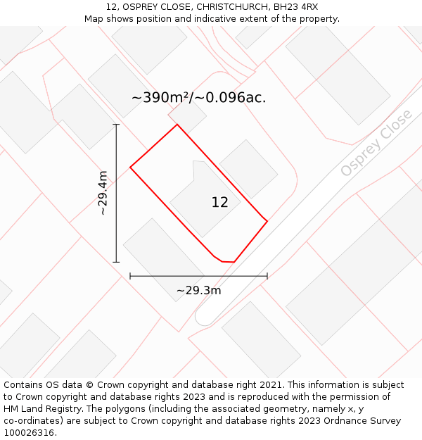 12, OSPREY CLOSE, CHRISTCHURCH, BH23 4RX: Plot and title map