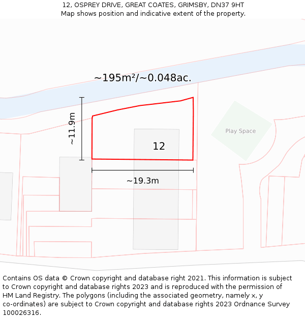 12, OSPREY DRIVE, GREAT COATES, GRIMSBY, DN37 9HT: Plot and title map