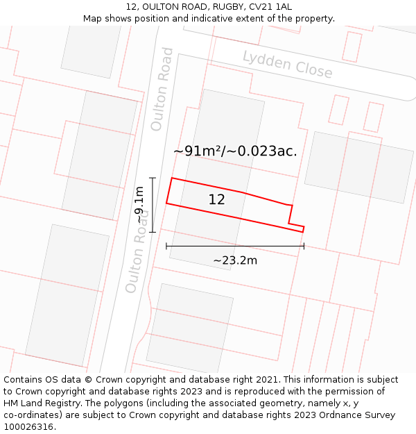 12, OULTON ROAD, RUGBY, CV21 1AL: Plot and title map