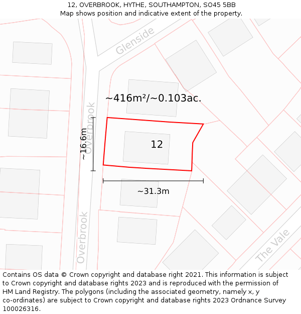 12, OVERBROOK, HYTHE, SOUTHAMPTON, SO45 5BB: Plot and title map