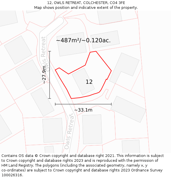 12, OWLS RETREAT, COLCHESTER, CO4 3FE: Plot and title map