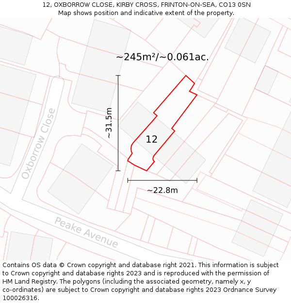 12, OXBORROW CLOSE, KIRBY CROSS, FRINTON-ON-SEA, CO13 0SN: Plot and title map