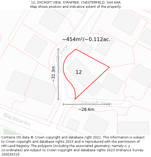 12, OXCROFT VIEW, STANFREE, CHESTERFIELD, S44 6AA: Plot and title map