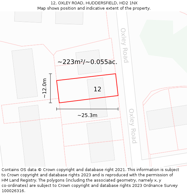 12, OXLEY ROAD, HUDDERSFIELD, HD2 1NX: Plot and title map