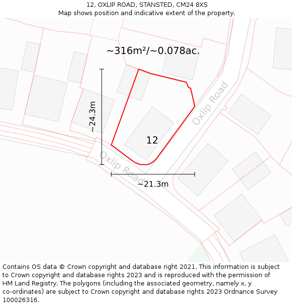 12, OXLIP ROAD, STANSTED, CM24 8XS: Plot and title map