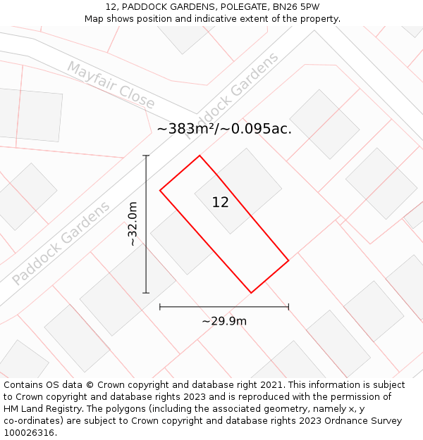 12, PADDOCK GARDENS, POLEGATE, BN26 5PW: Plot and title map