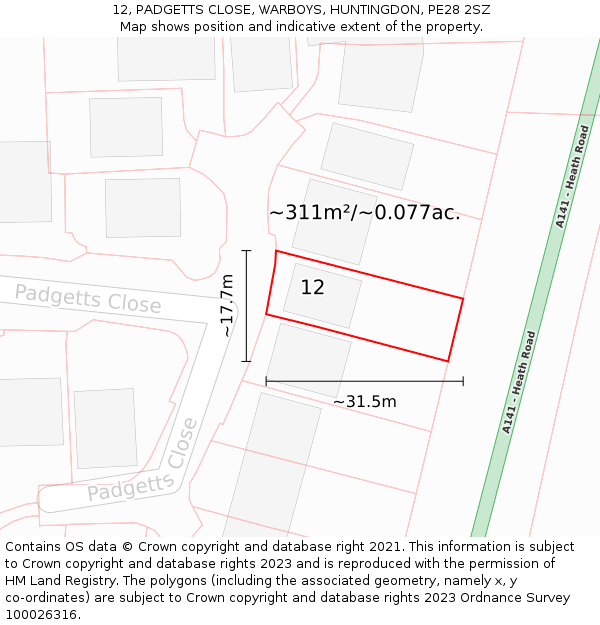 12, PADGETTS CLOSE, WARBOYS, HUNTINGDON, PE28 2SZ: Plot and title map