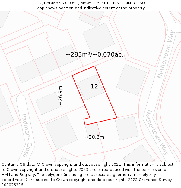 12, PADMANS CLOSE, MAWSLEY, KETTERING, NN14 1SQ: Plot and title map