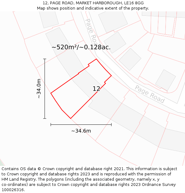 12, PAGE ROAD, MARKET HARBOROUGH, LE16 8GG: Plot and title map