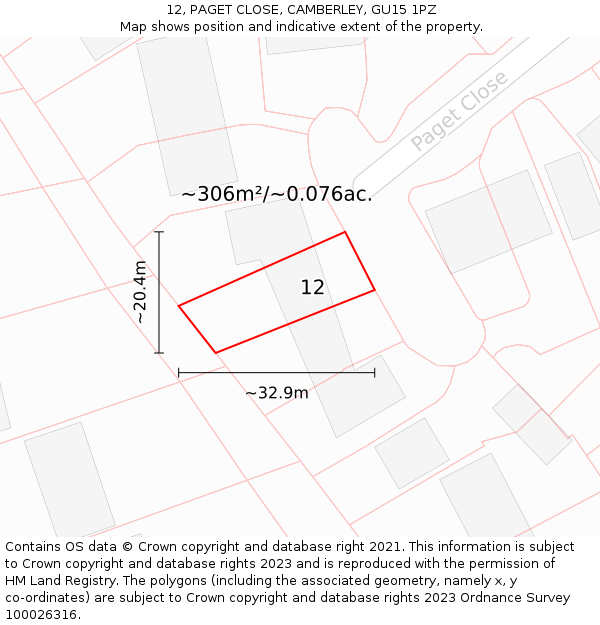 12, PAGET CLOSE, CAMBERLEY, GU15 1PZ: Plot and title map