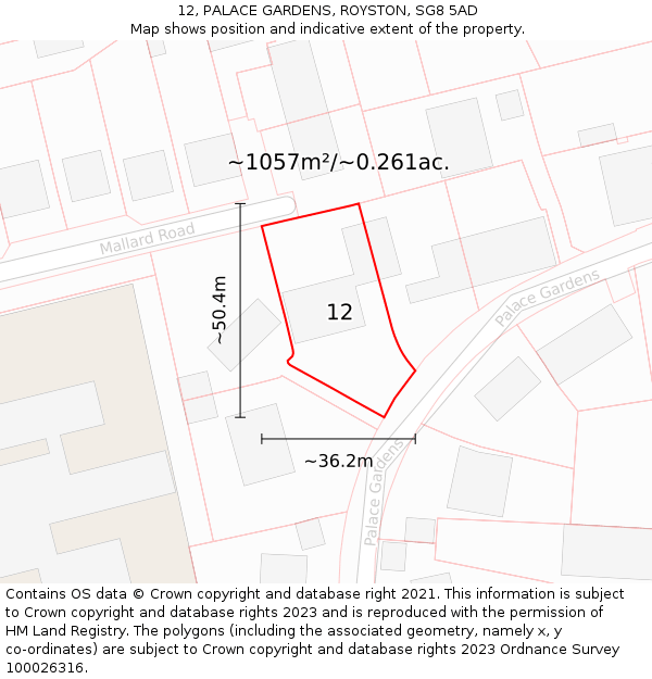 12, PALACE GARDENS, ROYSTON, SG8 5AD: Plot and title map