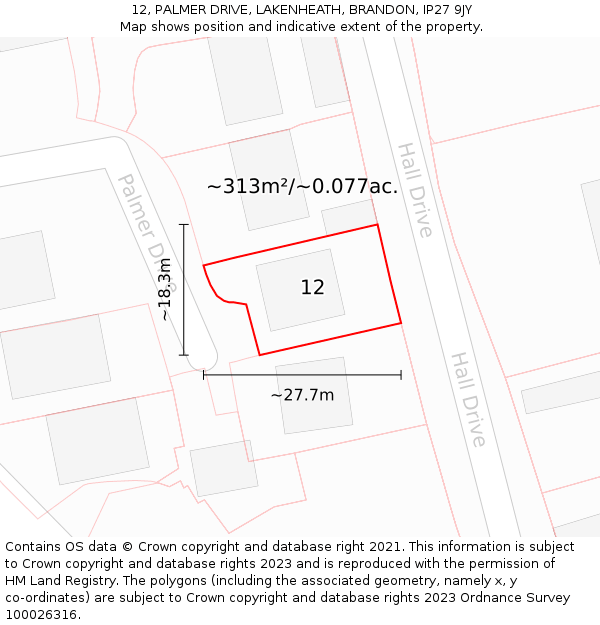 12, PALMER DRIVE, LAKENHEATH, BRANDON, IP27 9JY: Plot and title map