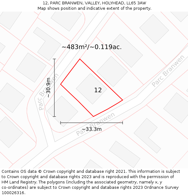 12, PARC BRANWEN, VALLEY, HOLYHEAD, LL65 3AW: Plot and title map