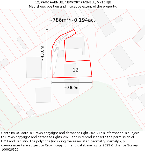 12, PARK AVENUE, NEWPORT PAGNELL, MK16 8JE: Plot and title map