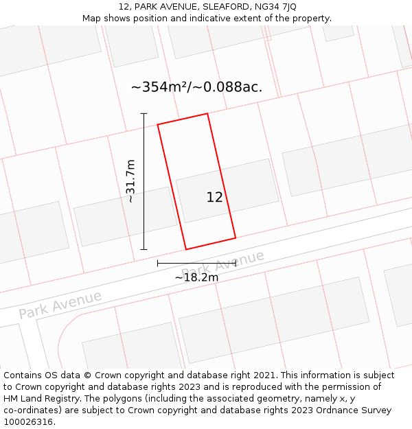 12, PARK AVENUE, SLEAFORD, NG34 7JQ: Plot and title map