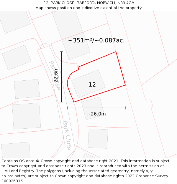 12, PARK CLOSE, BARFORD, NORWICH, NR9 4GA: Plot and title map