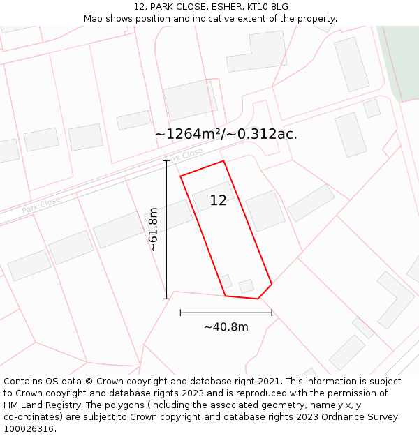 12, PARK CLOSE, ESHER, KT10 8LG: Plot and title map