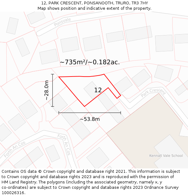 12, PARK CRESCENT, PONSANOOTH, TRURO, TR3 7HY: Plot and title map