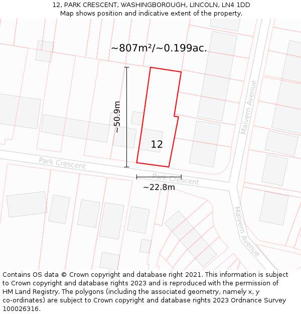 12, PARK CRESCENT, WASHINGBOROUGH, LINCOLN, LN4 1DD: Plot and title map