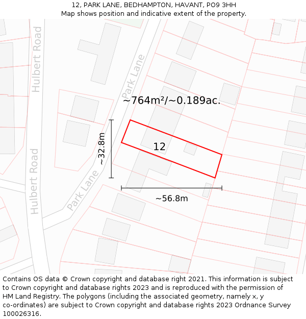 12, PARK LANE, BEDHAMPTON, HAVANT, PO9 3HH: Plot and title map